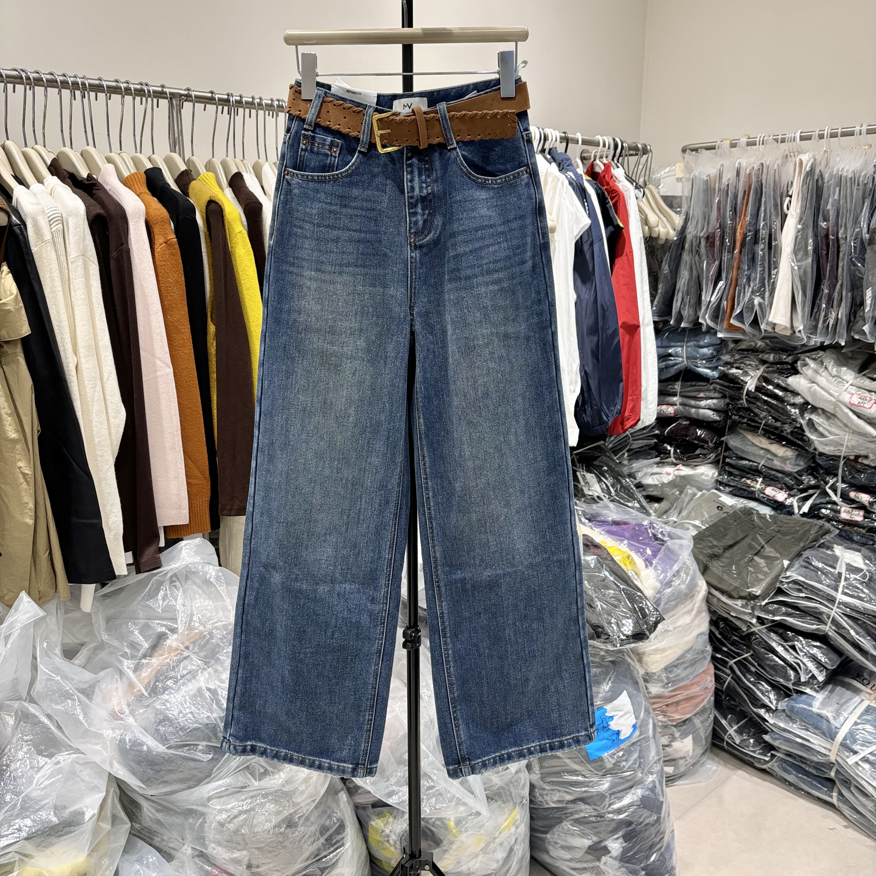 MV616薄绒高腰阔腿裤牛仔裤女2025秋季新款百搭显瘦拖地直筒长裤