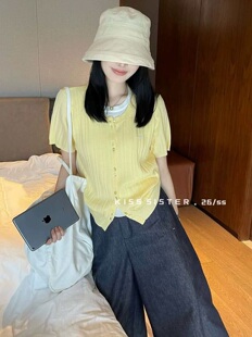 针织开衫 2026早春新款 百搭圆领短袖 时尚 女宽松显瘦外套潮6089 韩版