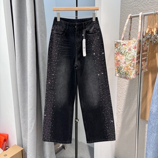 高腰显瘦百搭烫钻直筒牛仔裤 欧货时尚 女2635 新款 欧洲站2026冬季