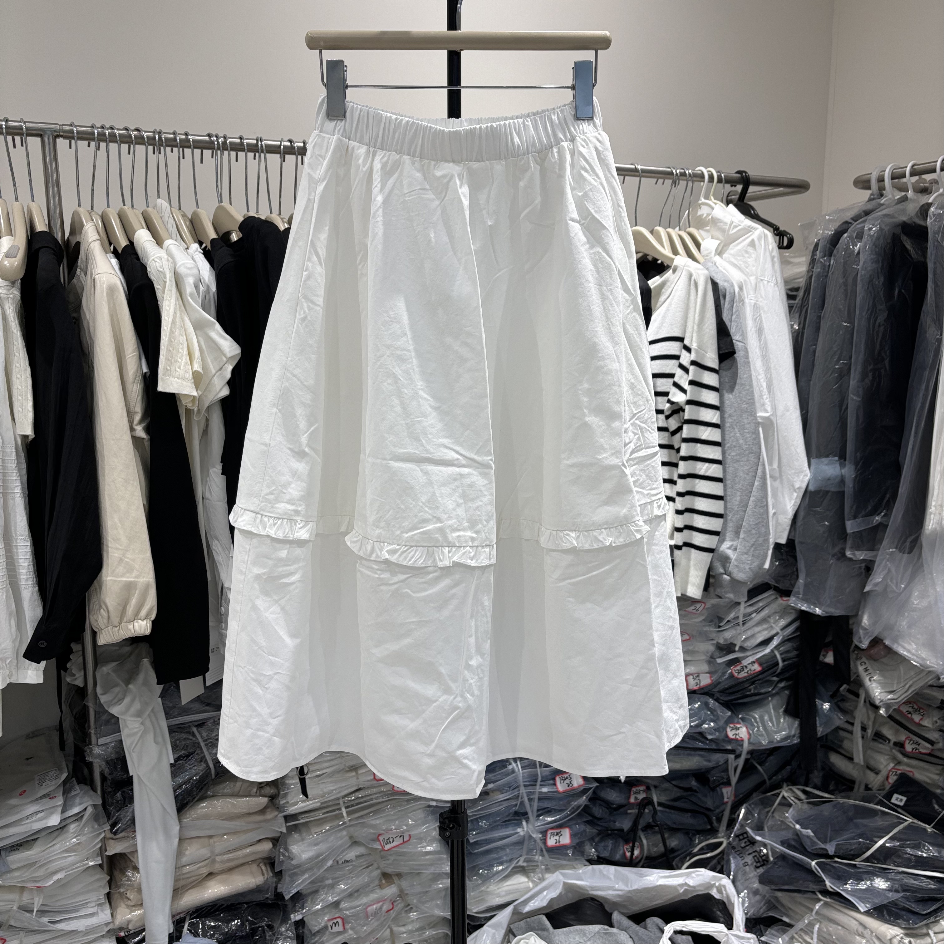 欧货极简风白色宽松A字半身裙女2026春显瘦木耳边中长款裙26068