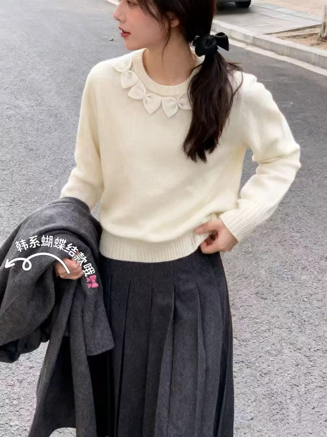 设计感立体蝴蝶结装饰高级灰毛衣女欧货宽松显瘦百搭温柔风针织衫