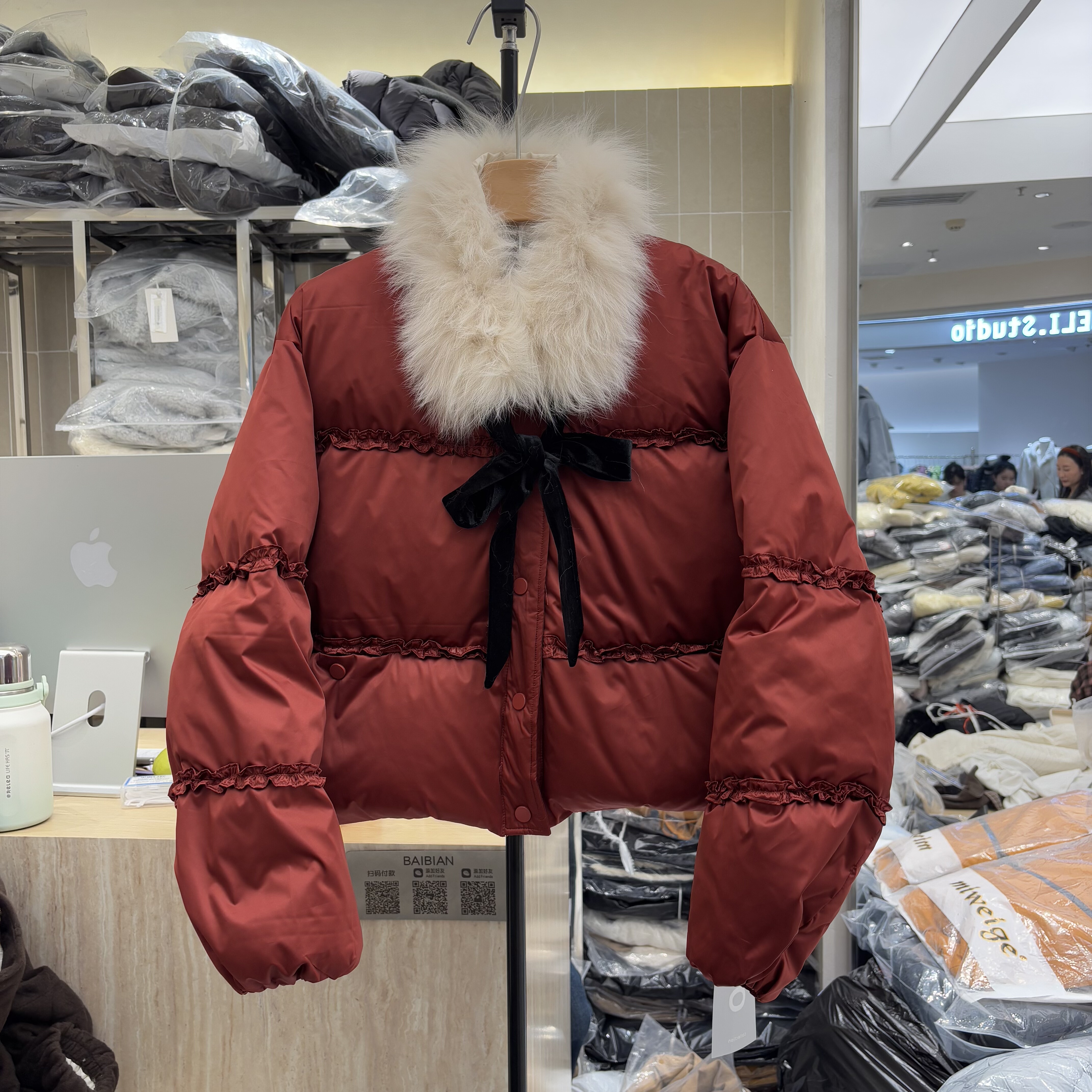 韩系甜美蝴蝶结毛领拼接花边羽绒服女2025冬季新款白鸭绒保暖外套