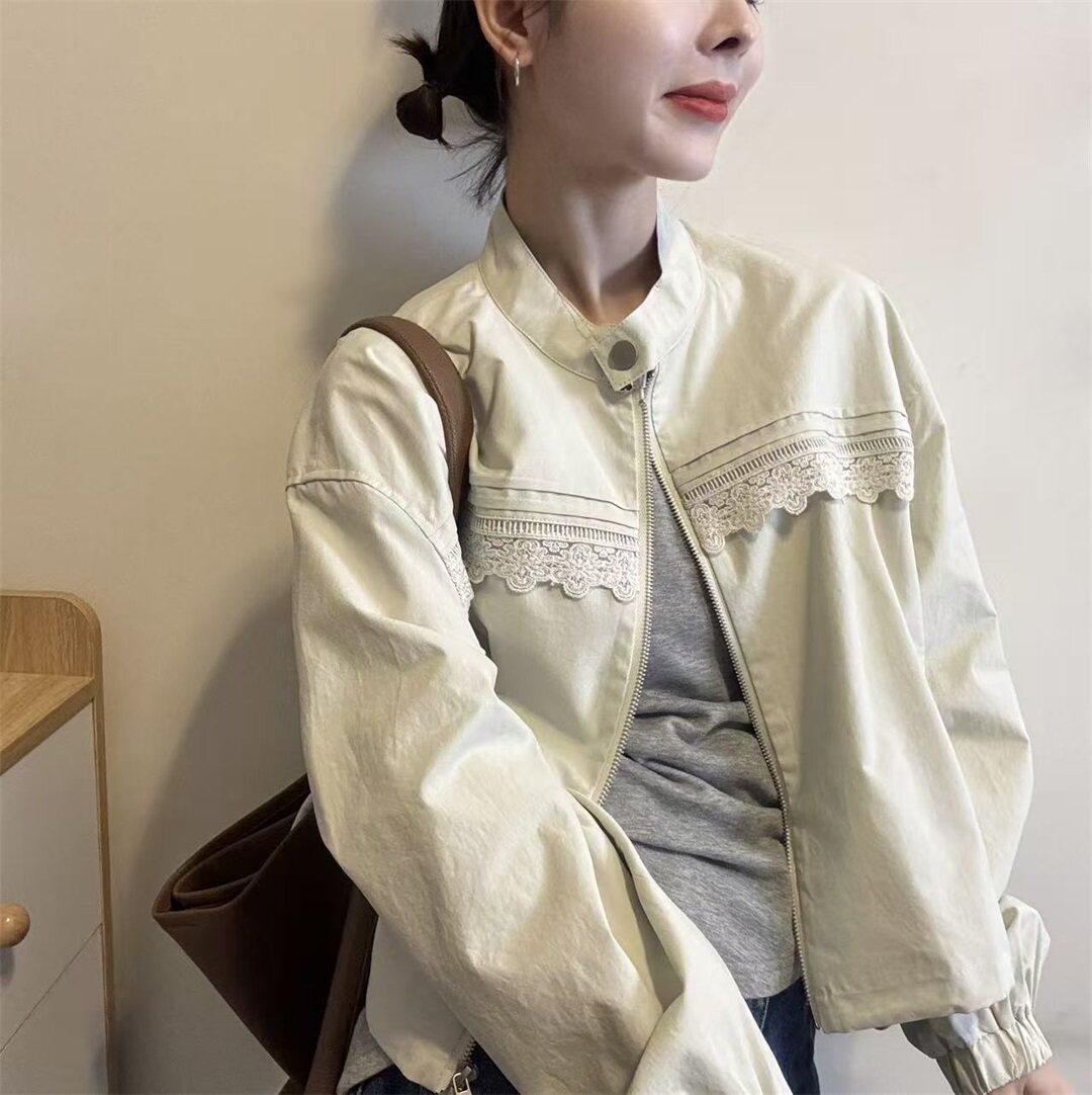 春季新款休闲风蕾丝立领短外套女韩系高级显瘦百搭夹克温柔风上衣