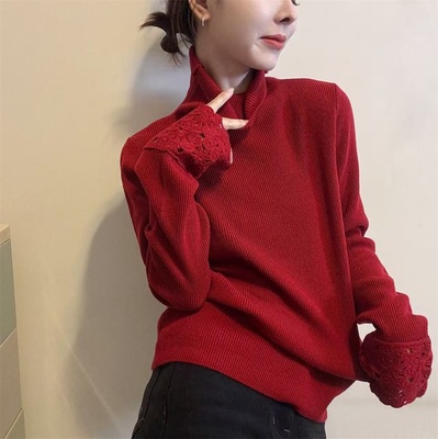 欧洲站高领蕾丝拼接长袖针织打底衫女2025冬季新款羊毛毛衣潮5622