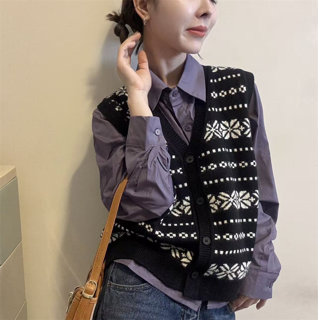 费尔岛提花高级针织马甲衬衫春季新款减龄复古叠穿背心两件套女潮