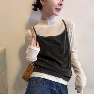 欧洲站叠穿丝绒百搭吊带背心女高领洋气两件套上衣针织衫潮31221
