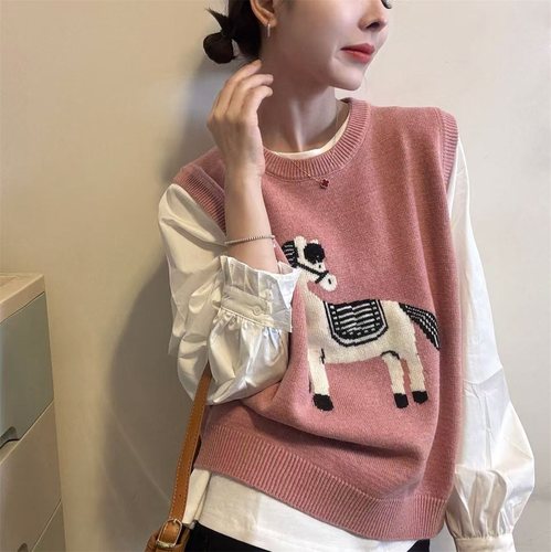 韩版卡通独角兽提花针织圆领叠穿背心+打底衬衣高级感两件套上衣