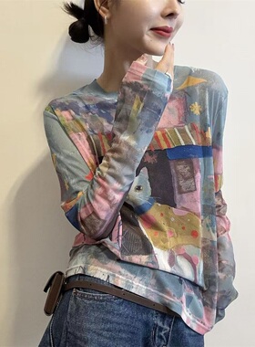 时尚晕染印花网纱T恤女2026春夏款长袖百搭显瘦小马图案上衣31751