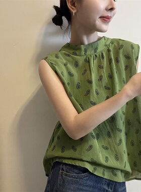 绿色印花无袖背心女2026夏季百搭显瘦娃娃衫设计感小众上衣32168