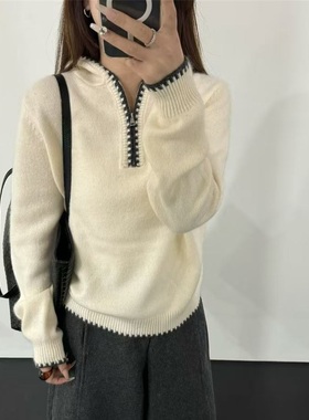 2025新款连帽半拉链针织衫女冬季新款花边拼色百搭宽松毛衣69009