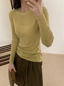韩系简约纯色细羊毛针织衫女2023秋季新款修身圆领长袖打底衫2366