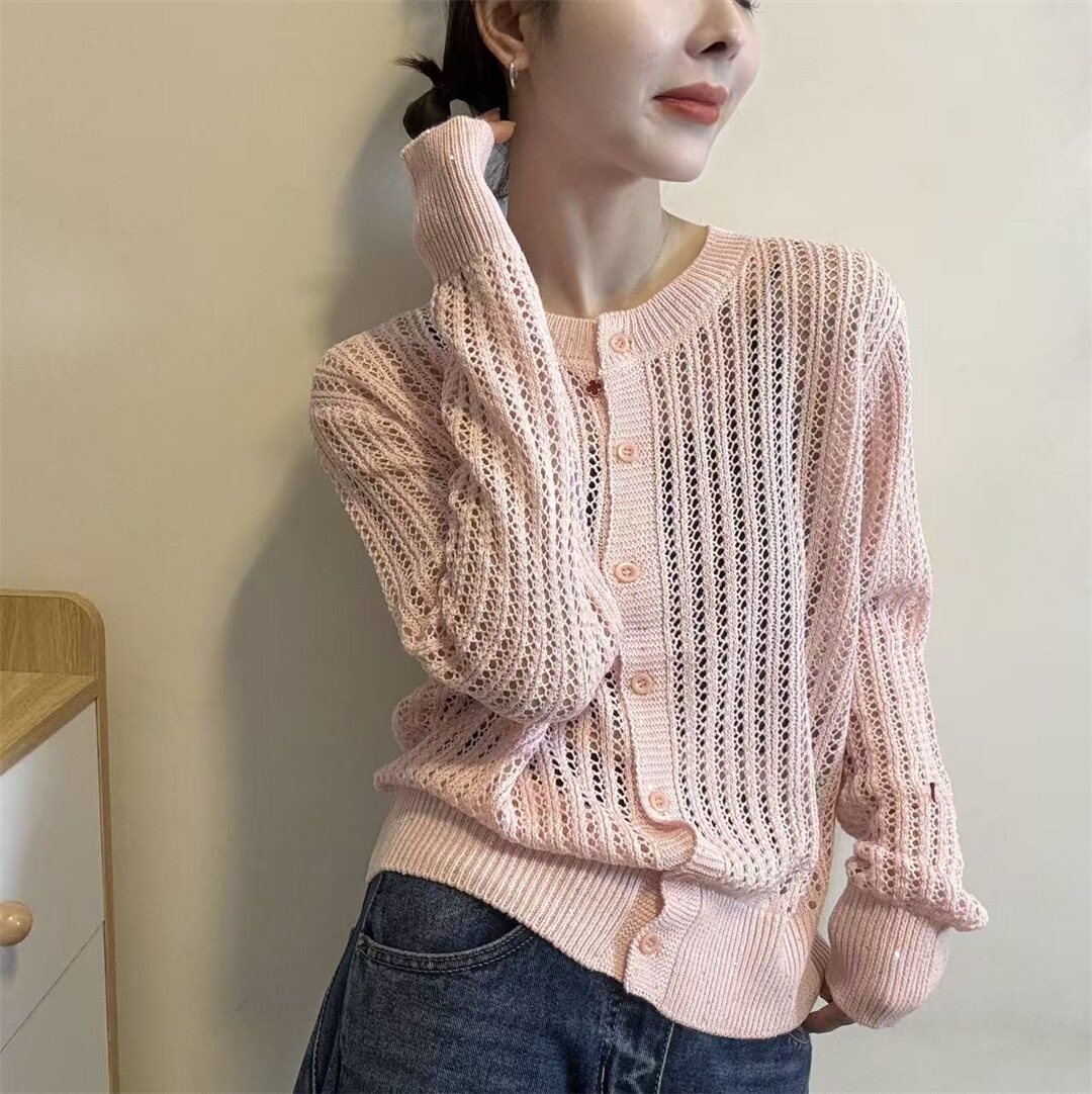 2026春季新款圆领镂空针织开衫女韩系长袖薄款透视减龄外套189310