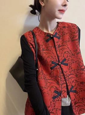 新中式风提花蝴蝶结盘扣马甲女冬季新款国风外穿坎肩马夹潮31219