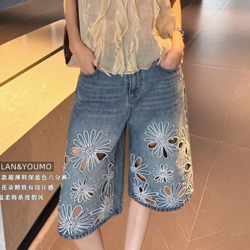 刺绣镂空小雏菊牛仔短裤女2026夏季款高腰设计感洋气阔腿裤17359
