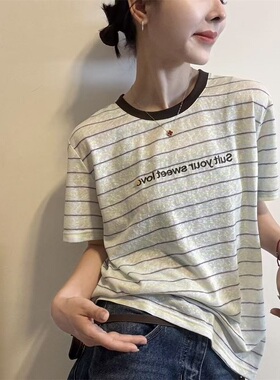 韩系复古条纹字母短袖T恤女2026夏季宽松显瘦减龄休闲上衣潮32136