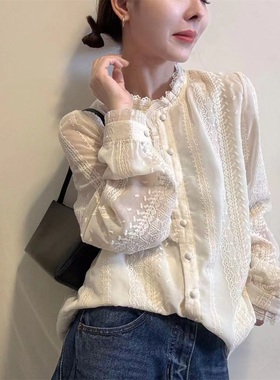 温柔韩系风木耳边蕾丝衬衫女冬季款加厚长袖显瘦单排扣上衣31211