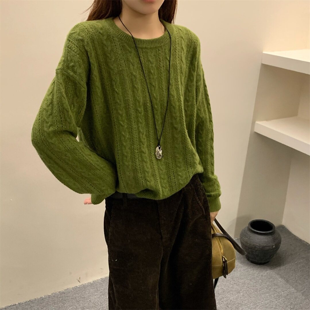 复古麻花纹圆领针织衫女2026秋冬款长袖百搭显瘦毛衣上衣ljl7802