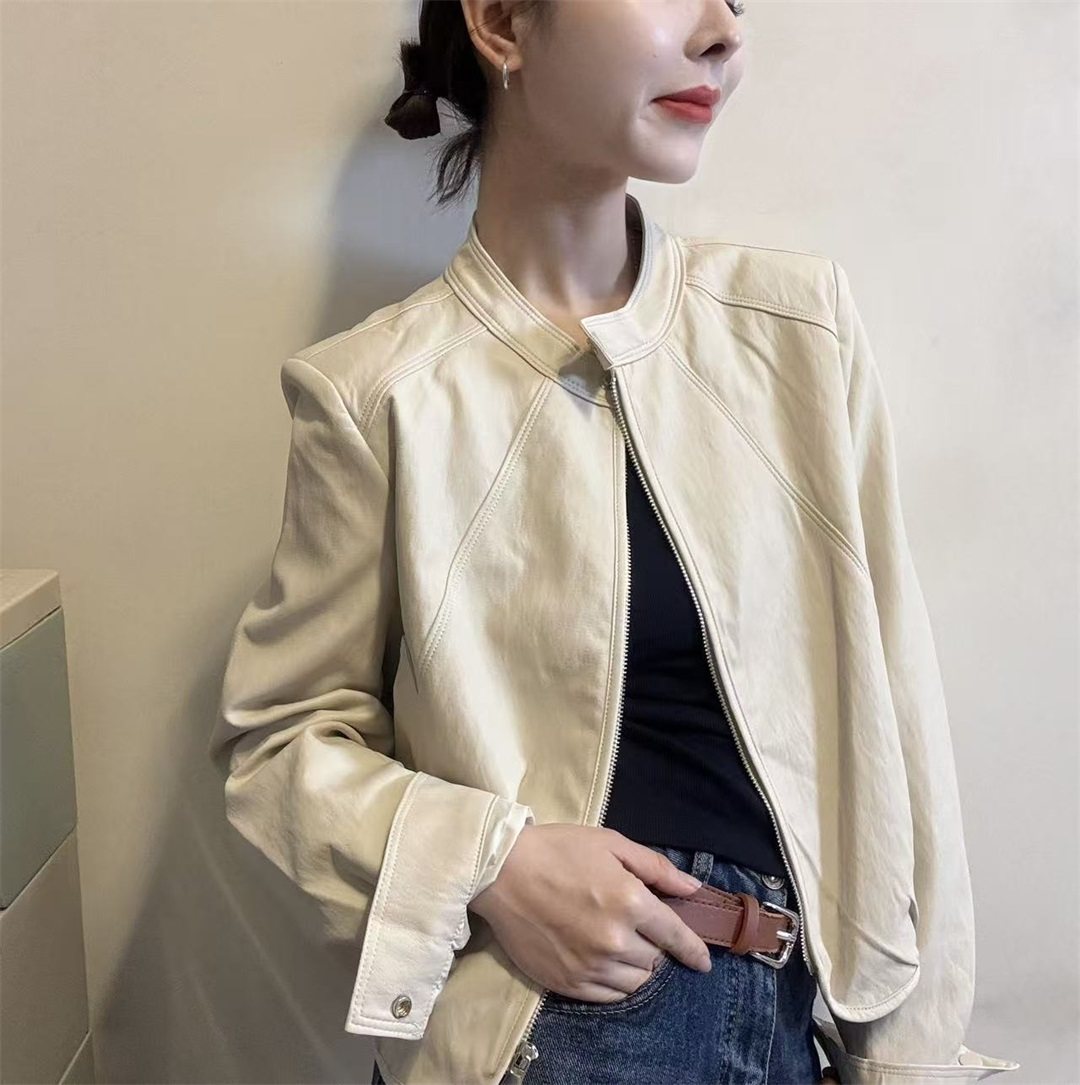 特欧洲站立领皮衣外套女春款短款机车服修身百搭夹克气质皮衣9511