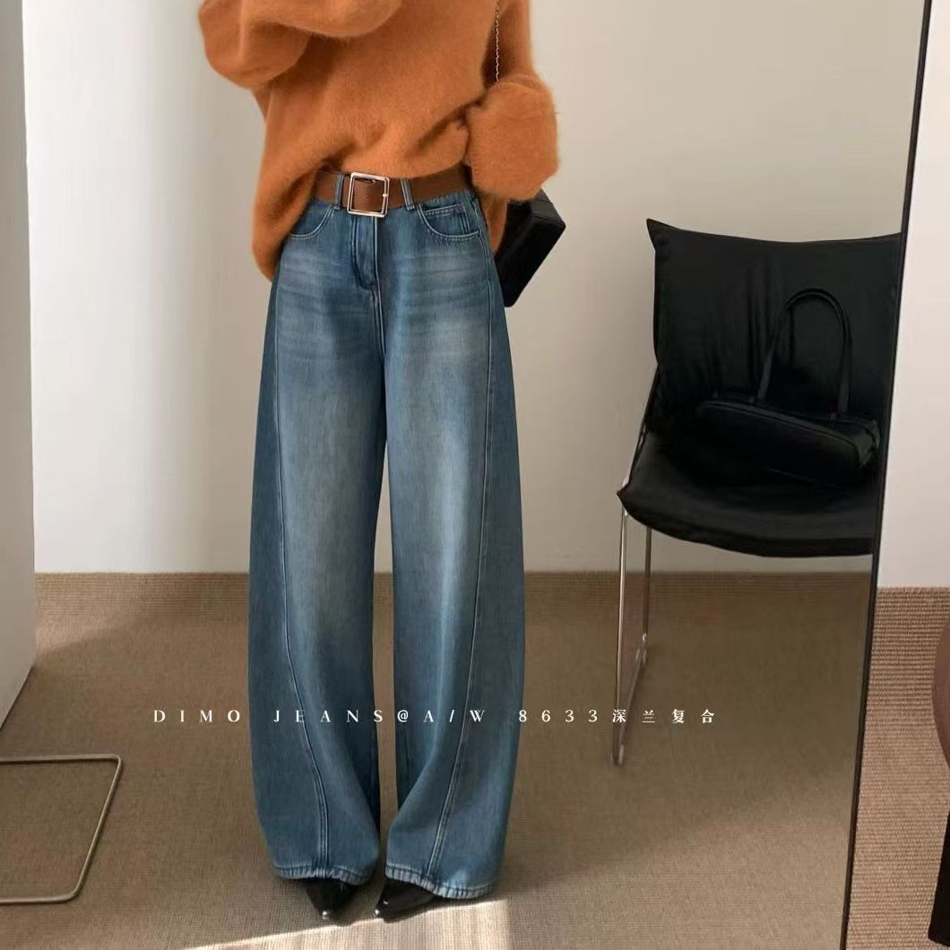 欧洲站正品复古高腰直筒牛仔裤女冬季新款复合绒显瘦阔腿长裤8633