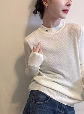 半高领螺纹拼字母刺绣针织打底衫女冬季款长袖内搭保暖衫上衣0990