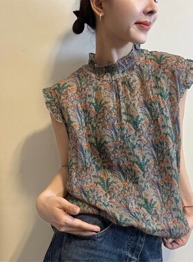 通勤风苎麻飞飞袖印花衬衣T恤女荷叶边圆领显瘦减龄百搭上衣32125