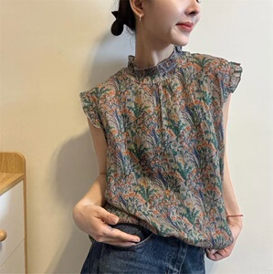 通勤风苎麻飞飞袖印花衬衣T恤女荷叶边圆领显瘦减龄百搭上衣32125