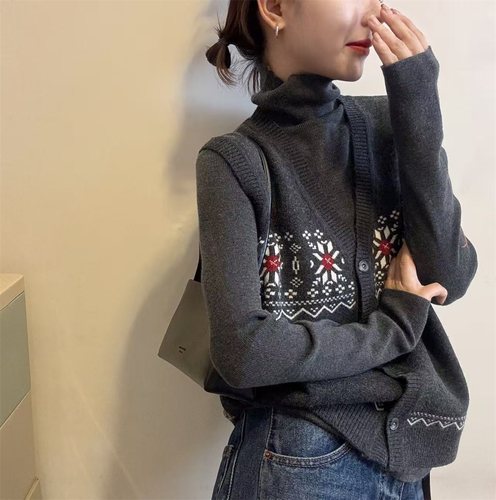 复古民族风高领羊毛针织衫+无袖马甲高级提花两件套上衣女潮6510