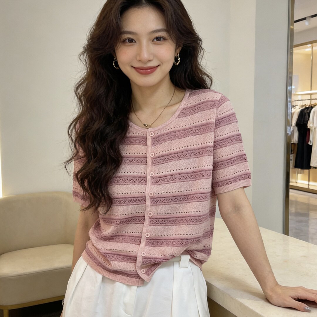 镂空条纹短袖针织开衫女2026春夏新款薄款宽松百搭撞色上衣06818