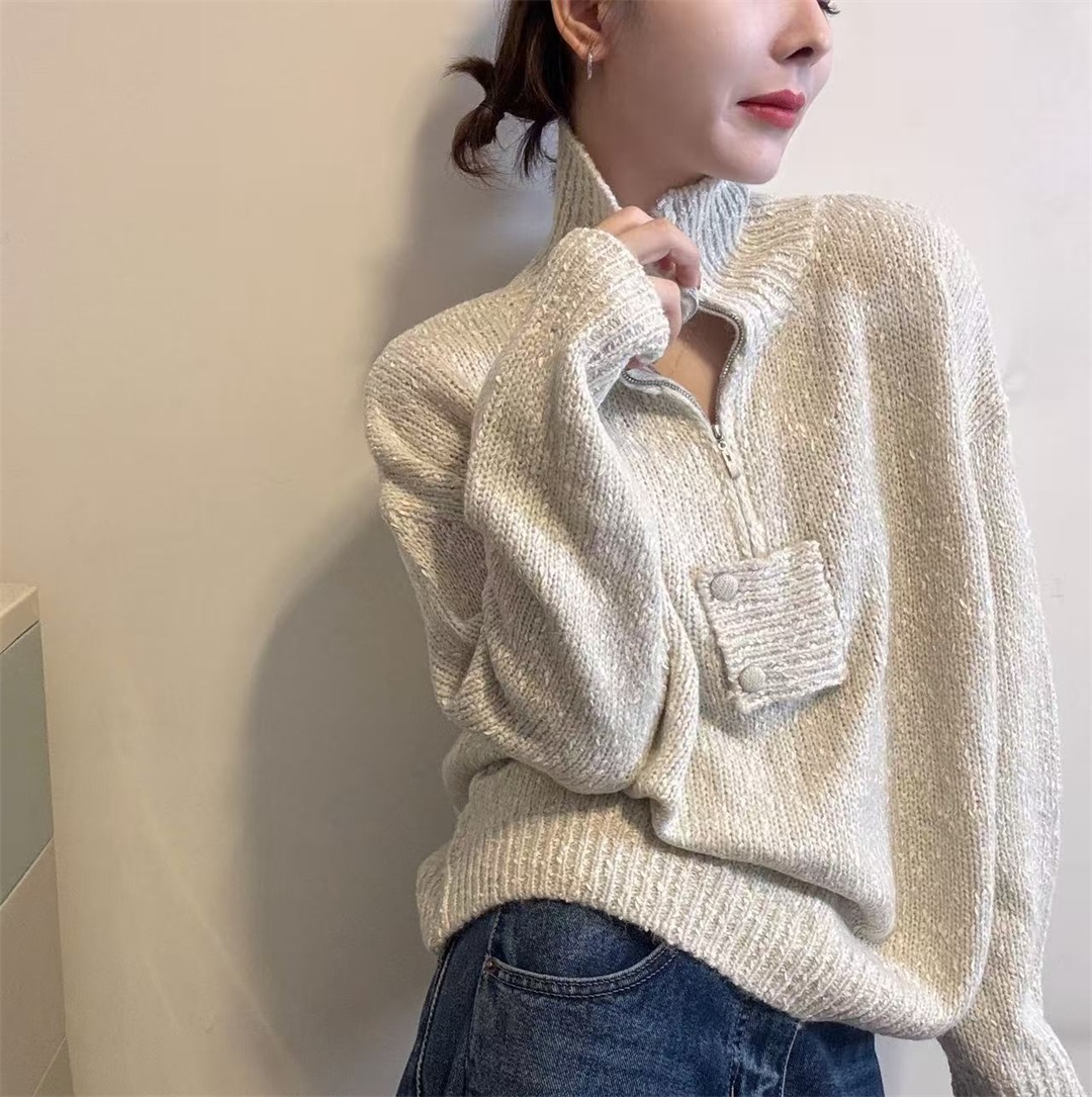 复古堆堆领半拉链高级感针织衫女2025冬季新款高领打底衫毛衣开衫
