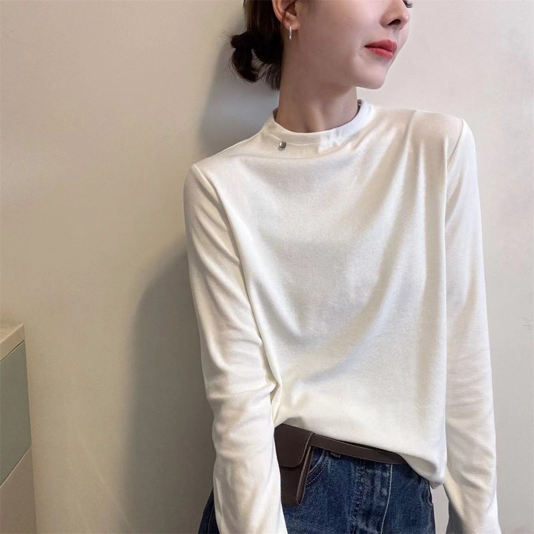 2025秋冬新款时尚百搭高腰显瘦圆领长袖T恤女抓绒打底衫上衣092