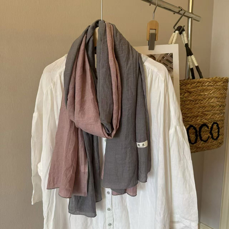 复古文艺风拼色棉麻围巾