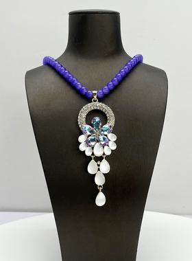 合金紫罗兰花朵猫眼流苏毛衣链气质小众设计女款长款项链首饰品