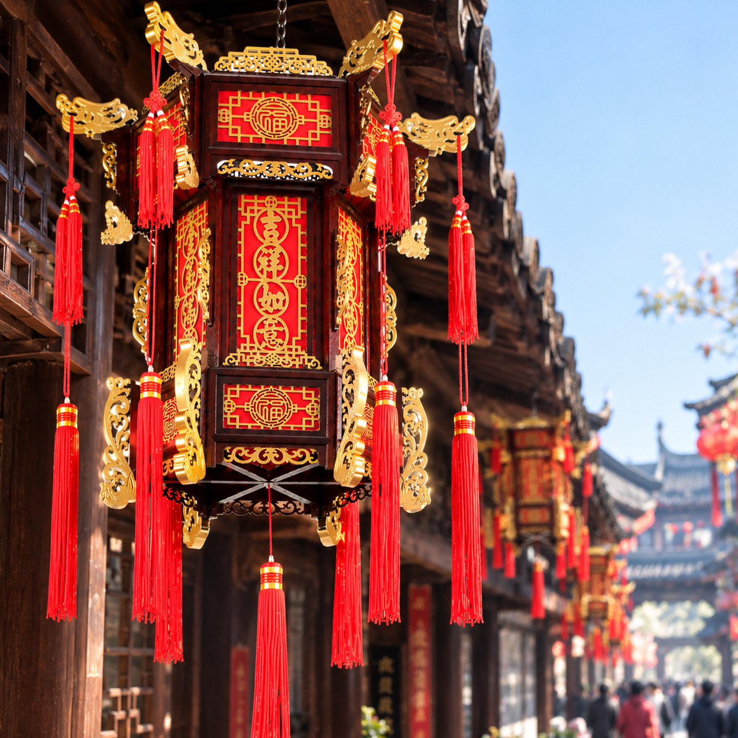实木宫灯中式阳台大红六角羊皮古典春节新年吊灯挂饰户外仿古灯笼
