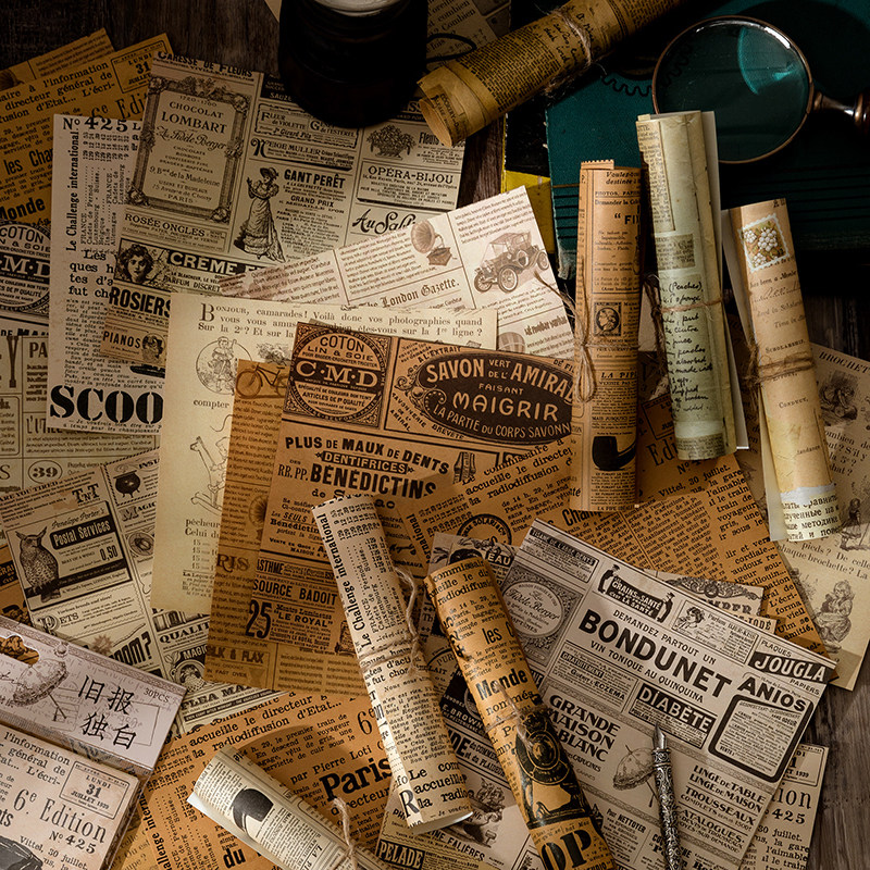 陌墨双材质背景素材纸复古集册旧报纸信笺地图植物手账打底纸30张