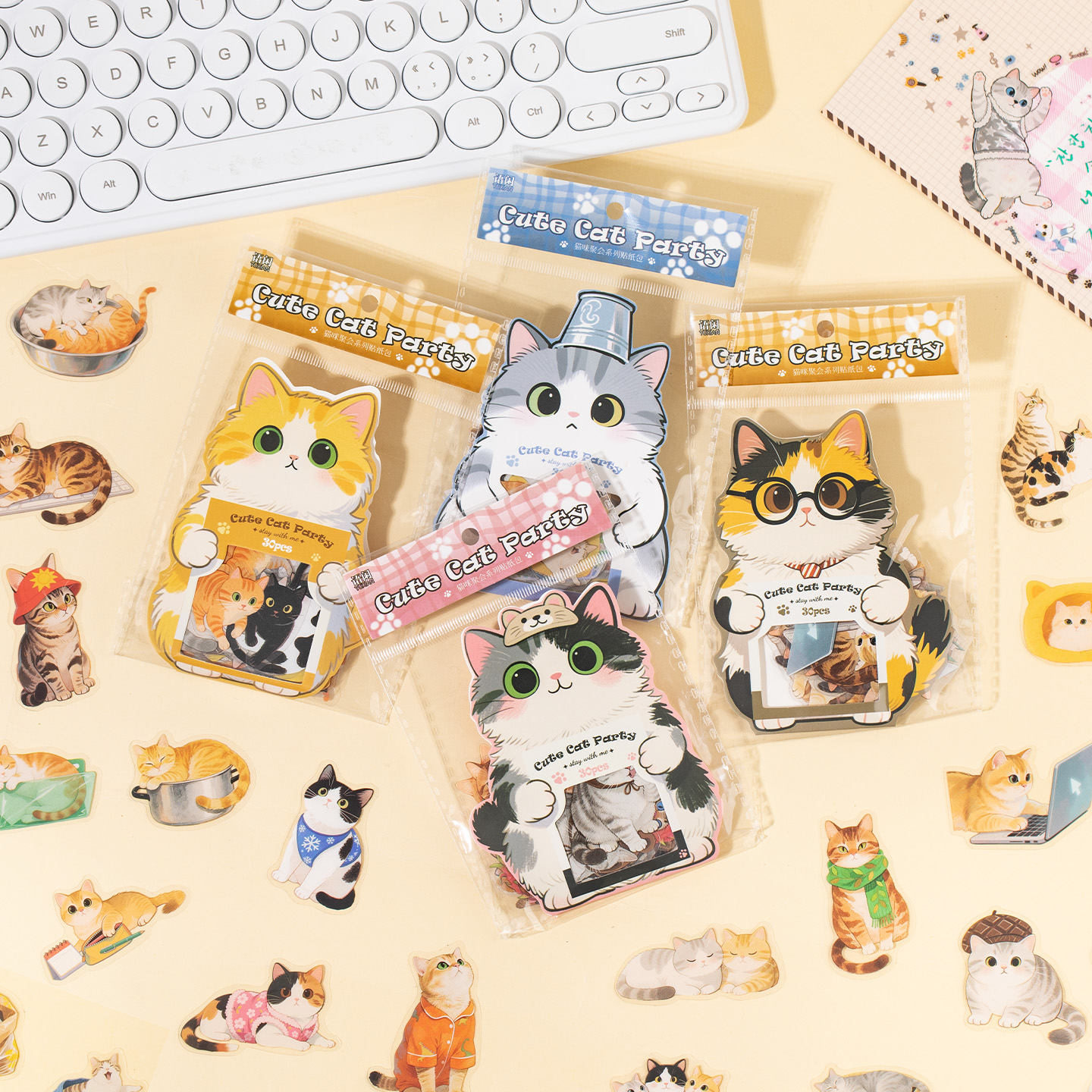 语闲PET贴纸 猫咪聚会 可爱风猫猫百态萌宠手账装饰防水贴画