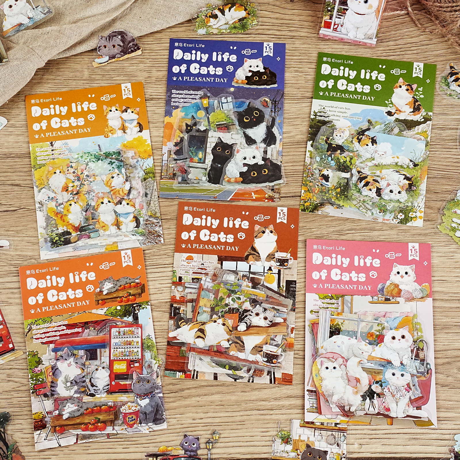 意鸟PET贴纸包喵喵的日常 可爱插画猫咪胖橘生活场景手账日记装饰