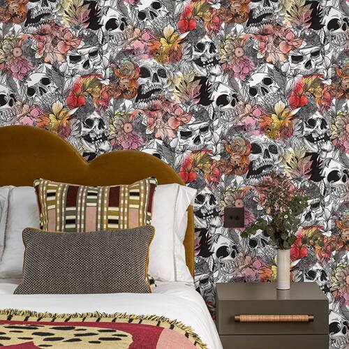 Halloween Colorful Skeleton Wallpaper Pink Floral White Skul