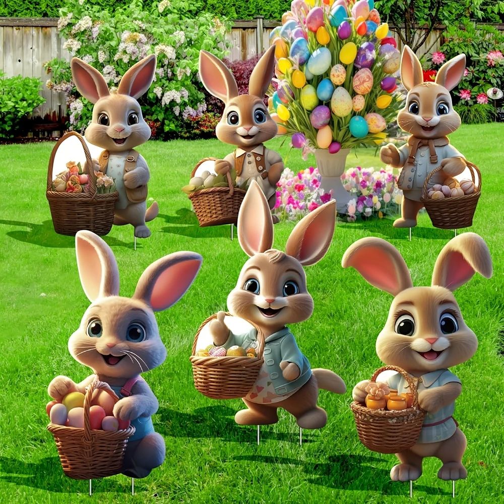 6pcs Easter Yard Signs Cartoon Bunny Design Waterproof Garde