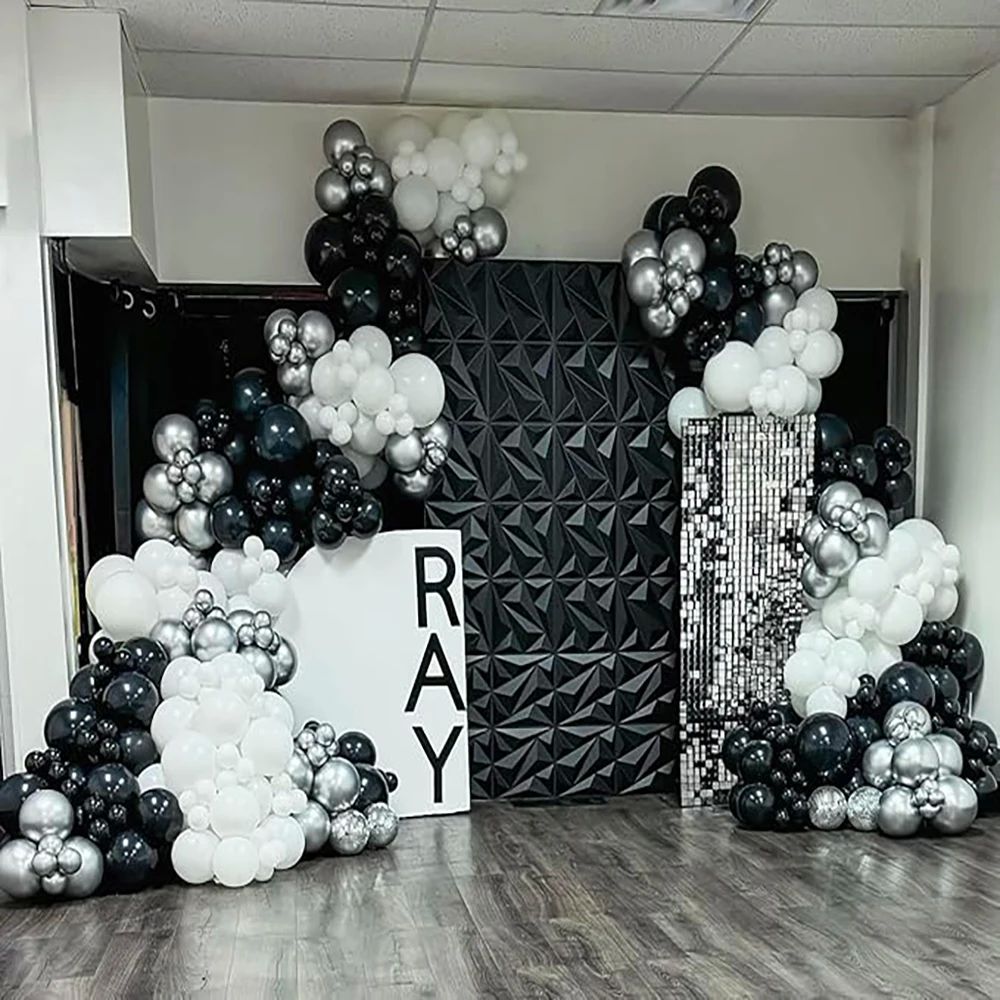 167pcs Black White Balloons Garland Metal Silver Latex Ballo