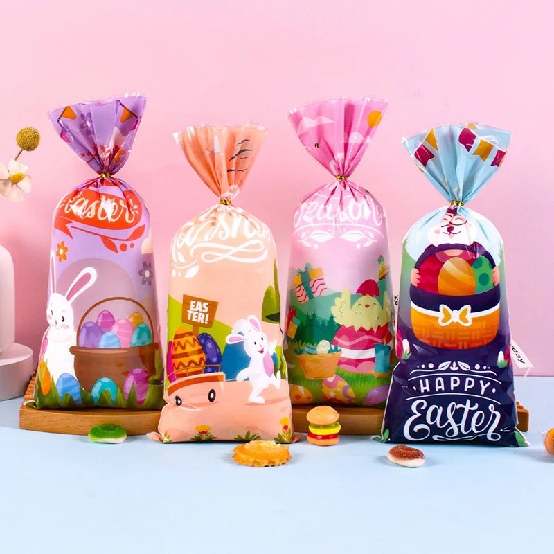 25/100/50pcs Happy Easter Gift Bags Easter Bunny Plastic Sna