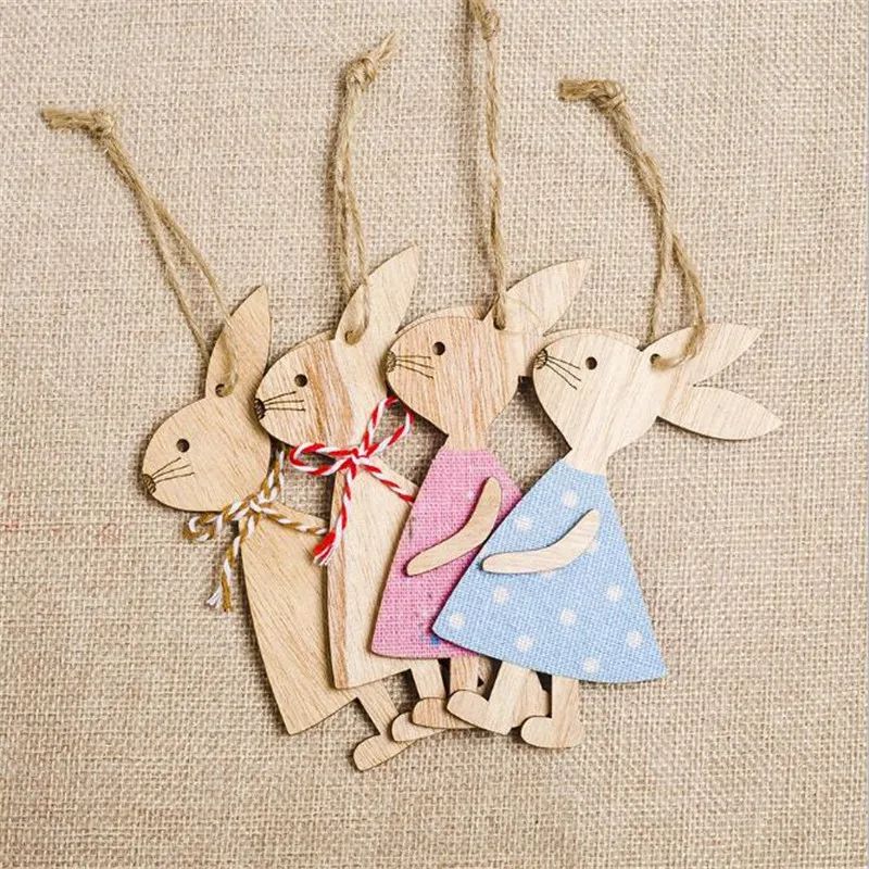 4pcs/set 7*11cm Easter Rabbit Wooden Decoration DIY Wood Han