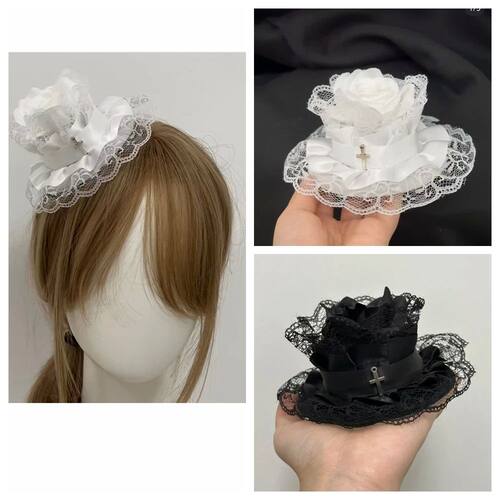 White Original Lolita Dark Goth Rose Cross Lace Mini Hat Hai