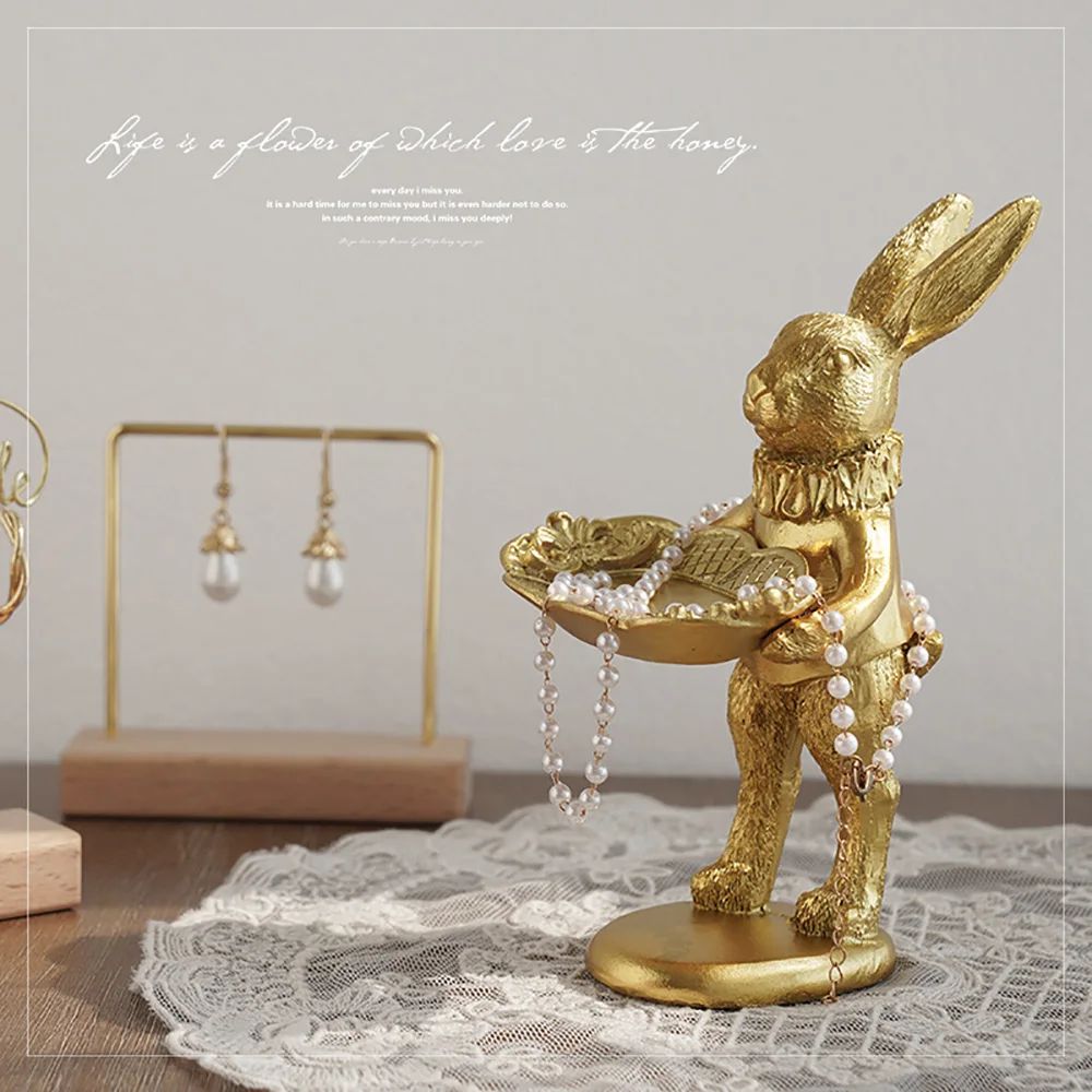 Cute Golden Bunny Figurine Jewelry Ring Tray Decorative East