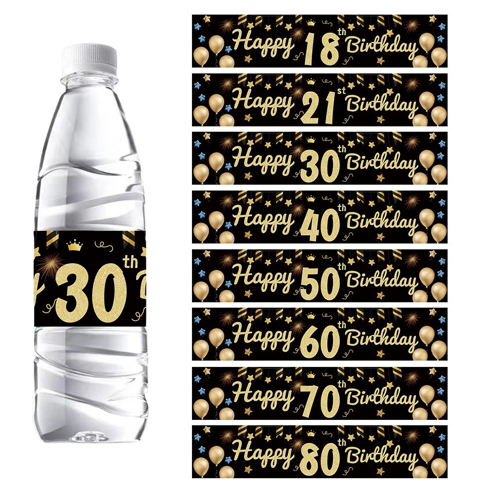 24Pcs Black Gold Birthday Bottle Sticker Happy 18 21 30 40 5
