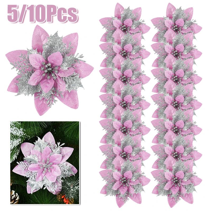 5/10Pc 14cm Large Glitter Christmas Flower For Xmas Tree Han