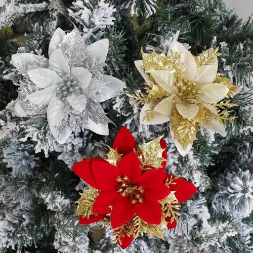 Christmas Glitter Artificial Flowers Floral Silk Fake Flower