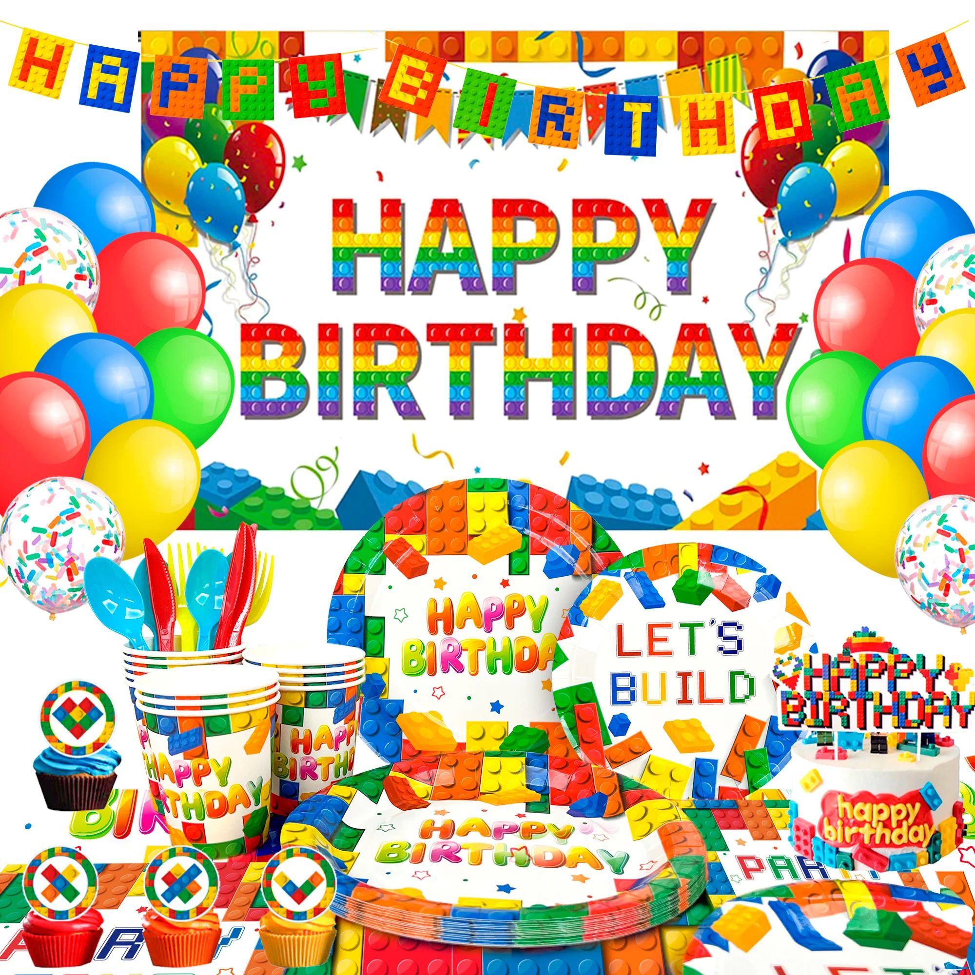 Building Blocks Birthday Party Supplies,114pcs Party Decorat