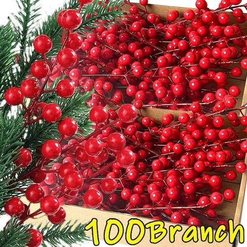 100/5pcs Christmas Artificial Red Berries Stem Ornament Red