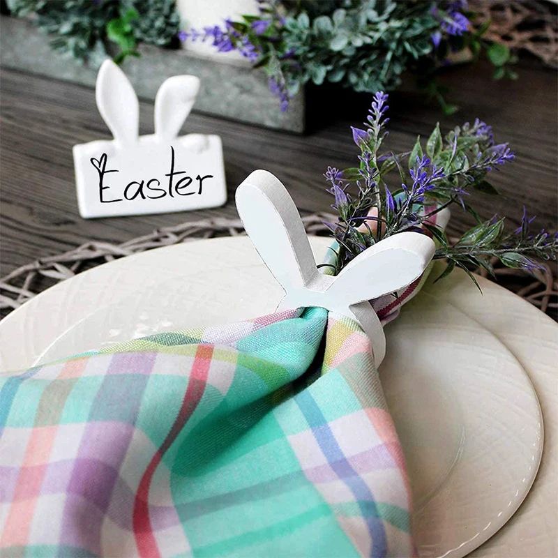 1/4pc Wood Easter Bunny Napkin Ring Holders Rabbit Ear tissu