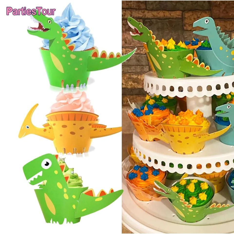 24pcs Dinosaur Cupcake Wrappers Toppers Cake Table Decoratio